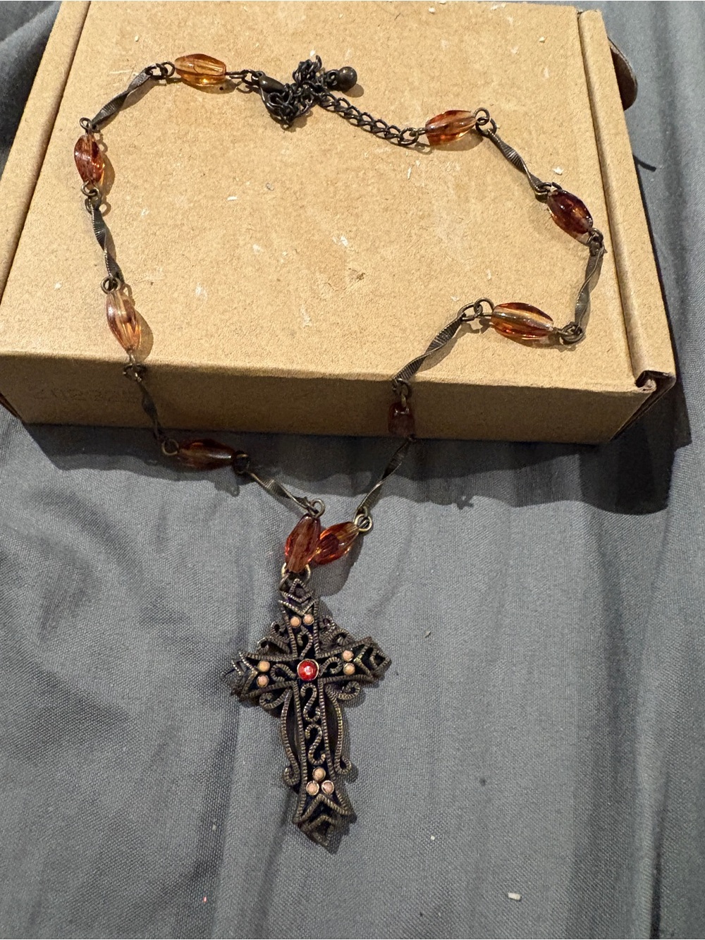 Antique-Style Brown Bead Cross Pendant Necklace